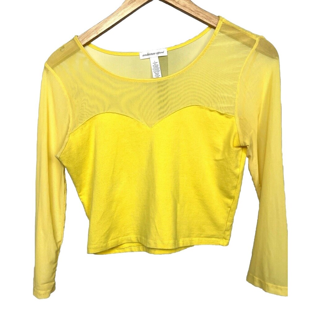 Ambiance Apparel Crop Top 3/4 Sleeve Yellow Mesh Neckline Stretch Coquette Large